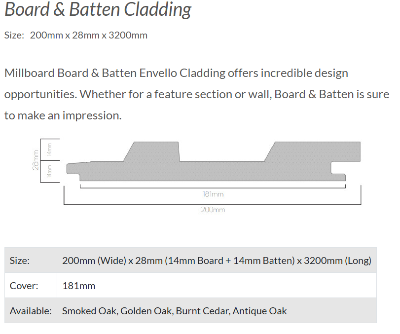 Millboard Envello Cladding Board & Batten+ Boards 200x26mm 3.6 Antique Oak(cover 181)