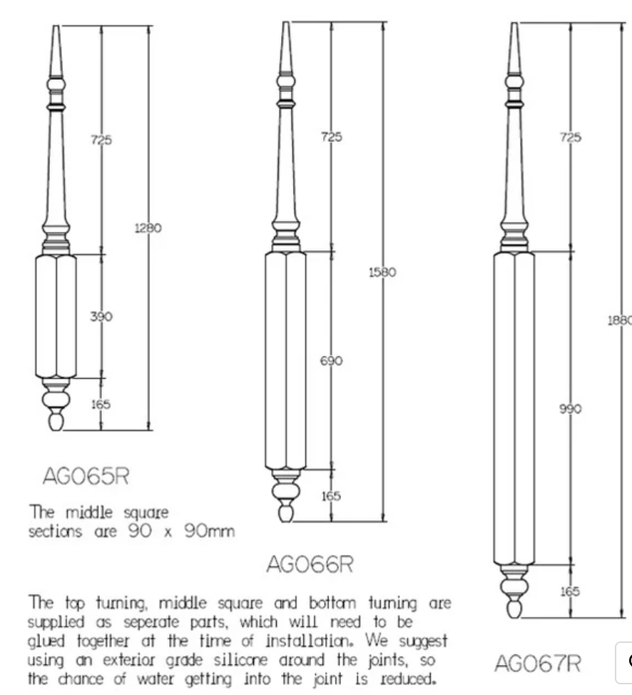 1600mm Morphett Roof Finial 1600x 90 sq H3 Treated Pine In Three Pieces
