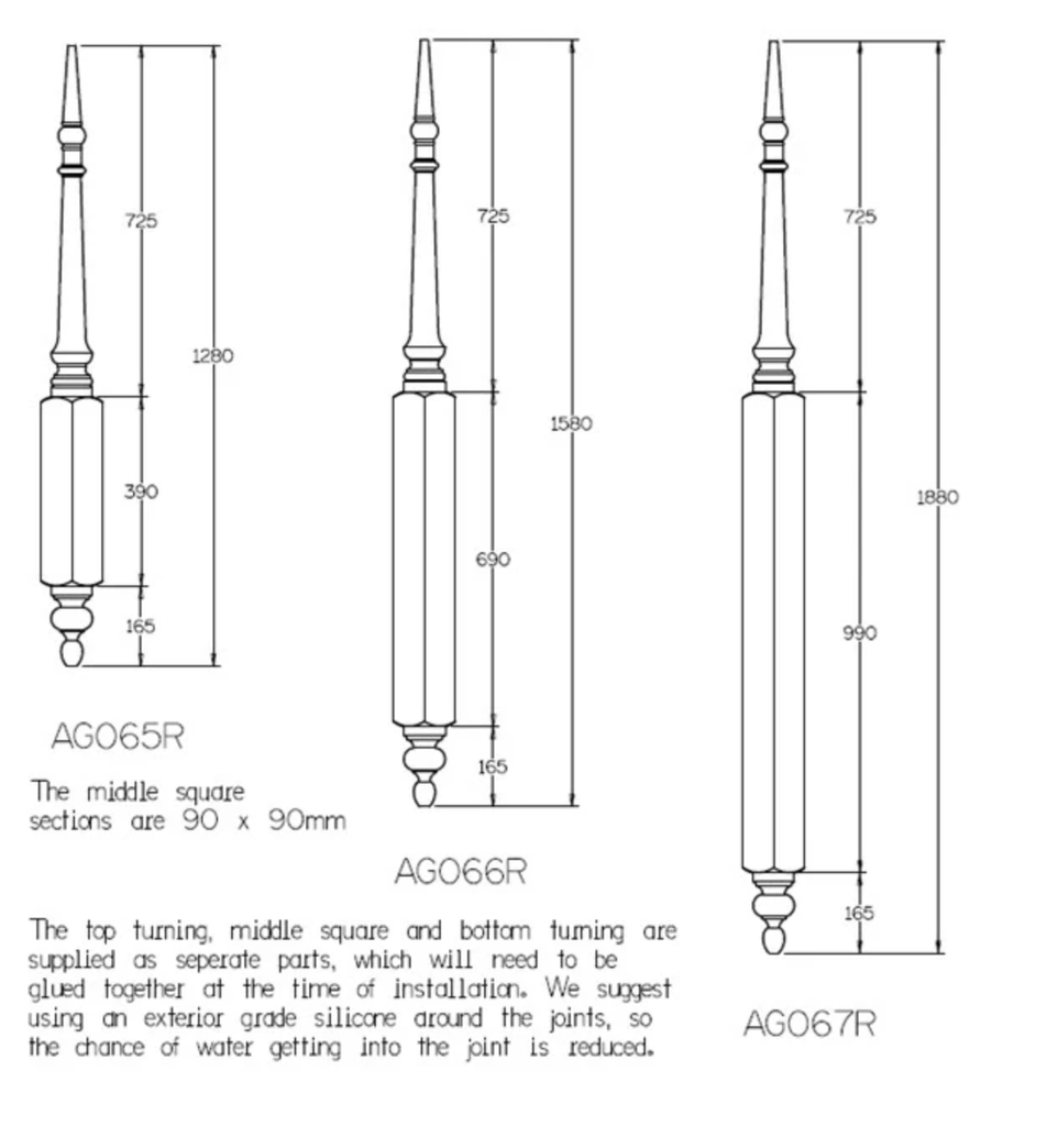1300mm Edwardian Roof Finial 1580x 90 sq H3 Treated Pine In Three Pieces 