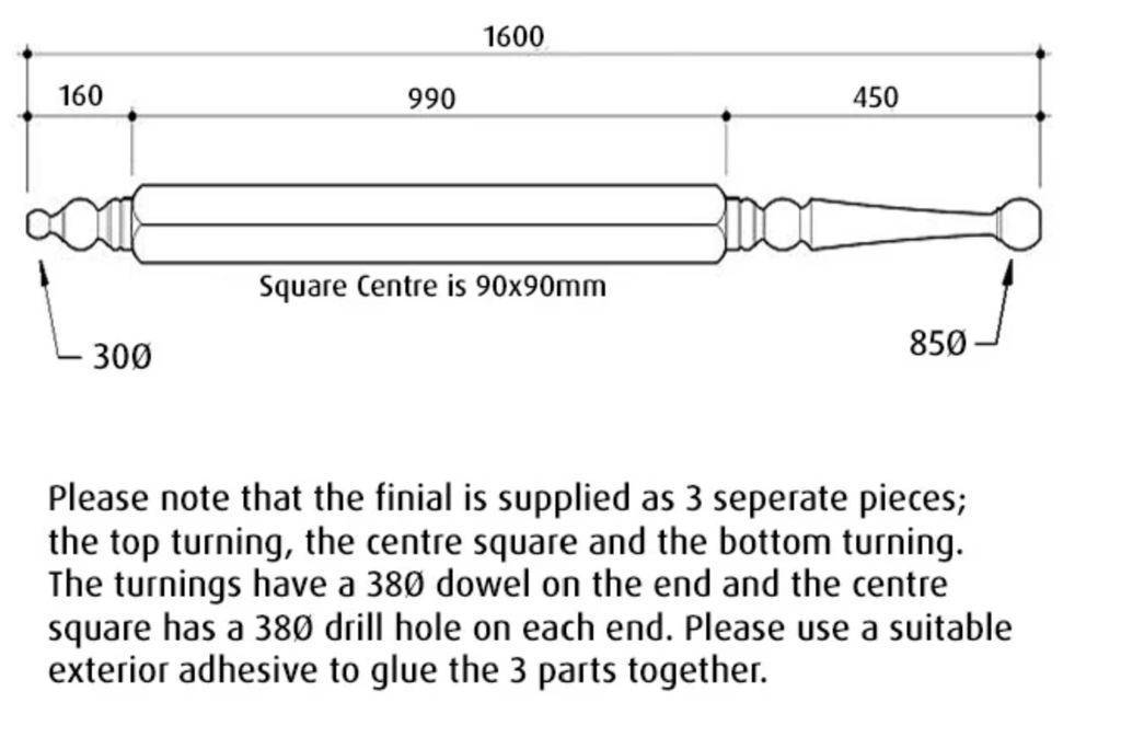 1600mm Morphett Roof Finial 1600x 90 sq H3 Treated Pine In Three Pieces