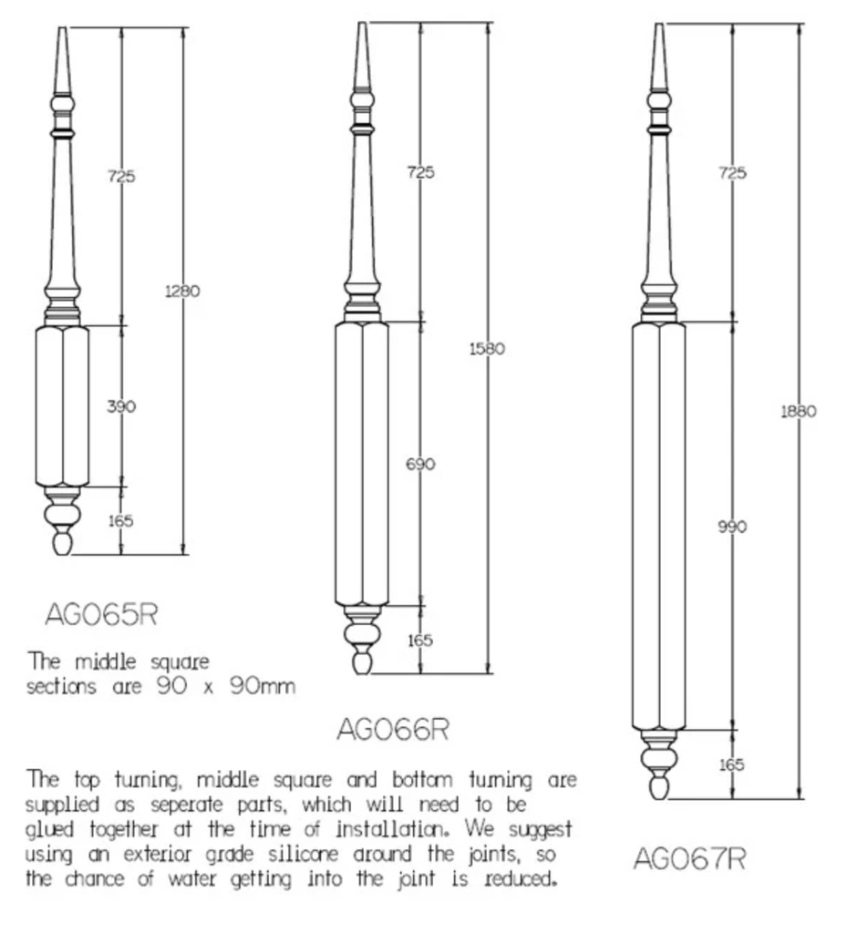 1880mm Edwardian Roof Finial 1880x 90 sq H3 Treated Pine In Three Pieces   (copy)