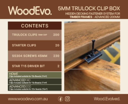Wood Evo Advanced Trulock Accessories/Timber (30 L/Clips ,20 304 S/Clips ,200 Clips, 2 Drill T15 Bits, 230 Screws 45mm) (1 per 20 boards)(5mm gap)