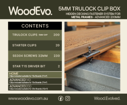 [TPDADVZZZ11] Wood Evo Advanced 200mm Trulock Accessories/Metal (30 L/Clips ,20 304 S/Clips ,200 Clips , 2 Drill T15 Bits, 230 Screws 32mm) (1 per 20 boards) 5mm gap