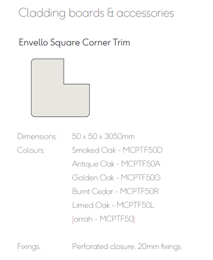 [TPDBOALIM05] Millboard Envello Cladding Board & Batten+ External Corner Premium 50x50 3.050 Limed Oak 